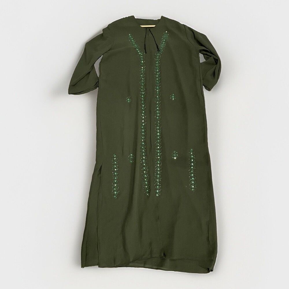Vintage Olive Green Embroidered Kaftan Dress Abaya Tunic Jalabiya Women Size L
